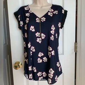 Floral Navy Top with Zipper Detail